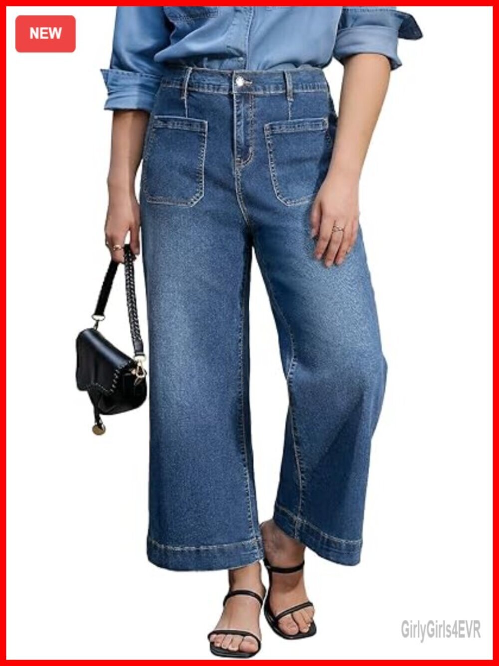 Plus Size High Waisted Wide Leg Stretchy Straight Leg Ankle Jeans with Pockets